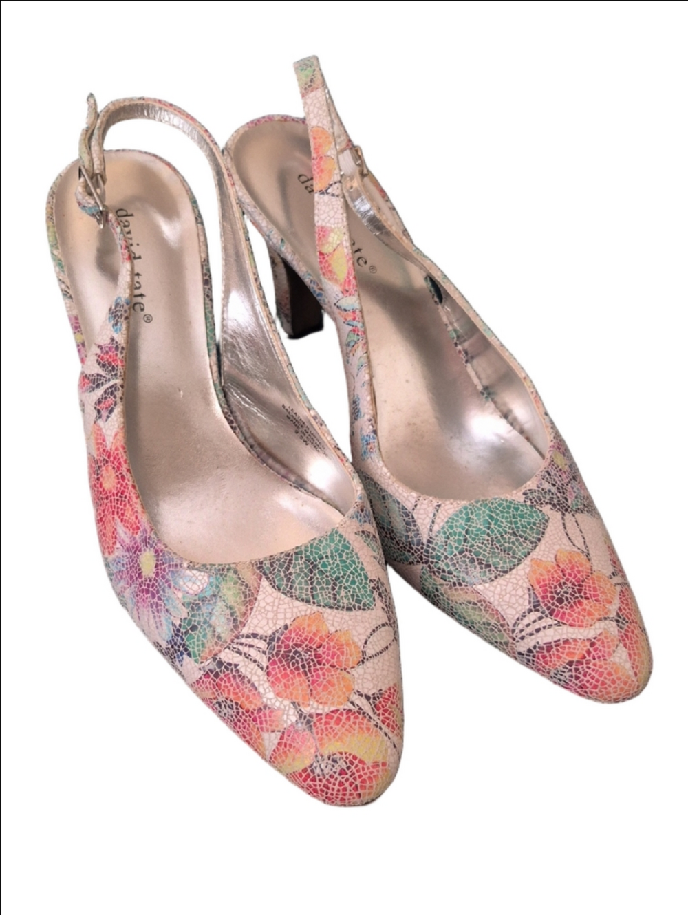 David Tate Mosaic Floral Slingback Pump Heels Multicolor Pastels 9.5 SPRING!!!!
